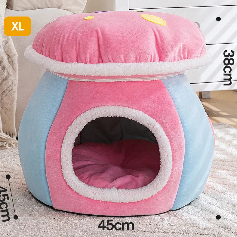 Grey mushroom-shaped cat bed with detachable thermal blanket showing 2.5cm thick plush interior