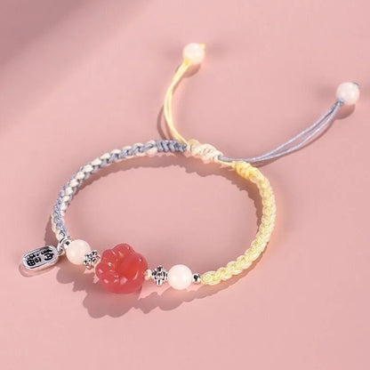 Red cat's paw woven couple bracelet with glass beads in pastoral style