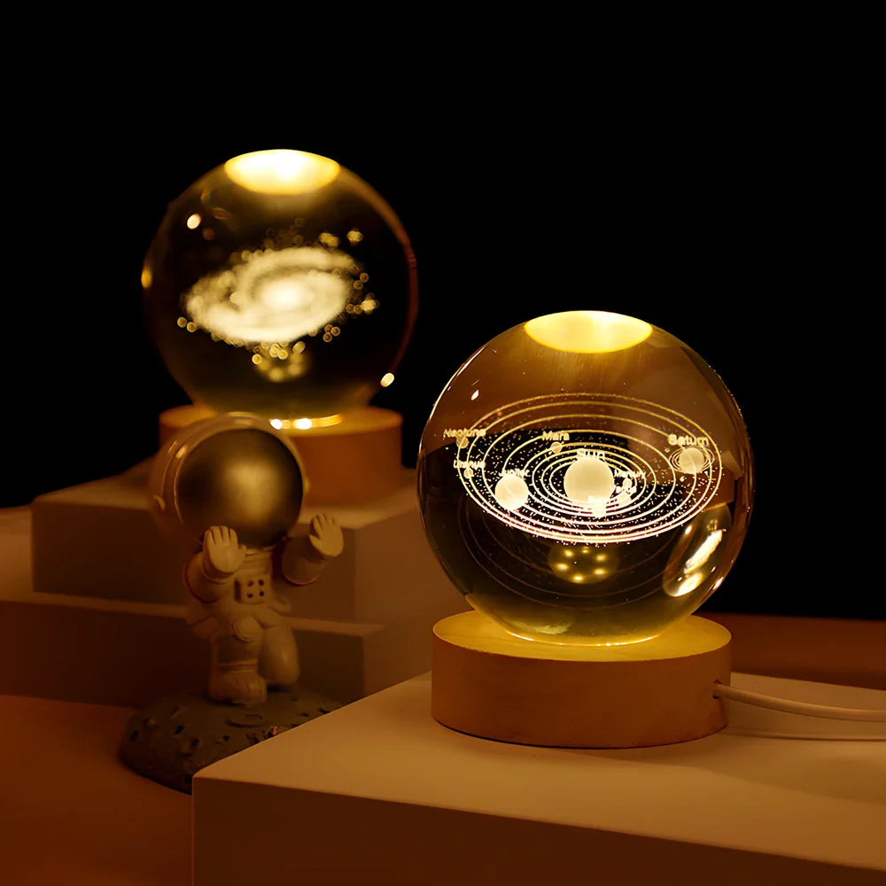 Cosmos Series 8cm crystal ball night light on wooden base with astronaut pusher projecting Milky Way pattern