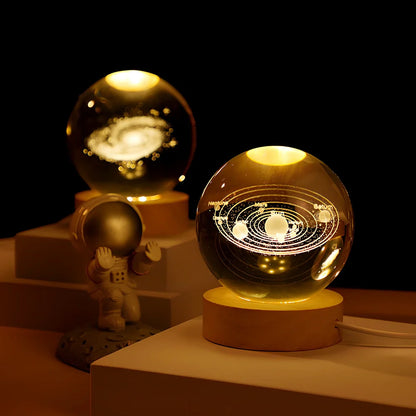 Cosmos Series 8cm crystal ball night light on wooden base with astronaut pusher projecting Milky Way pattern
