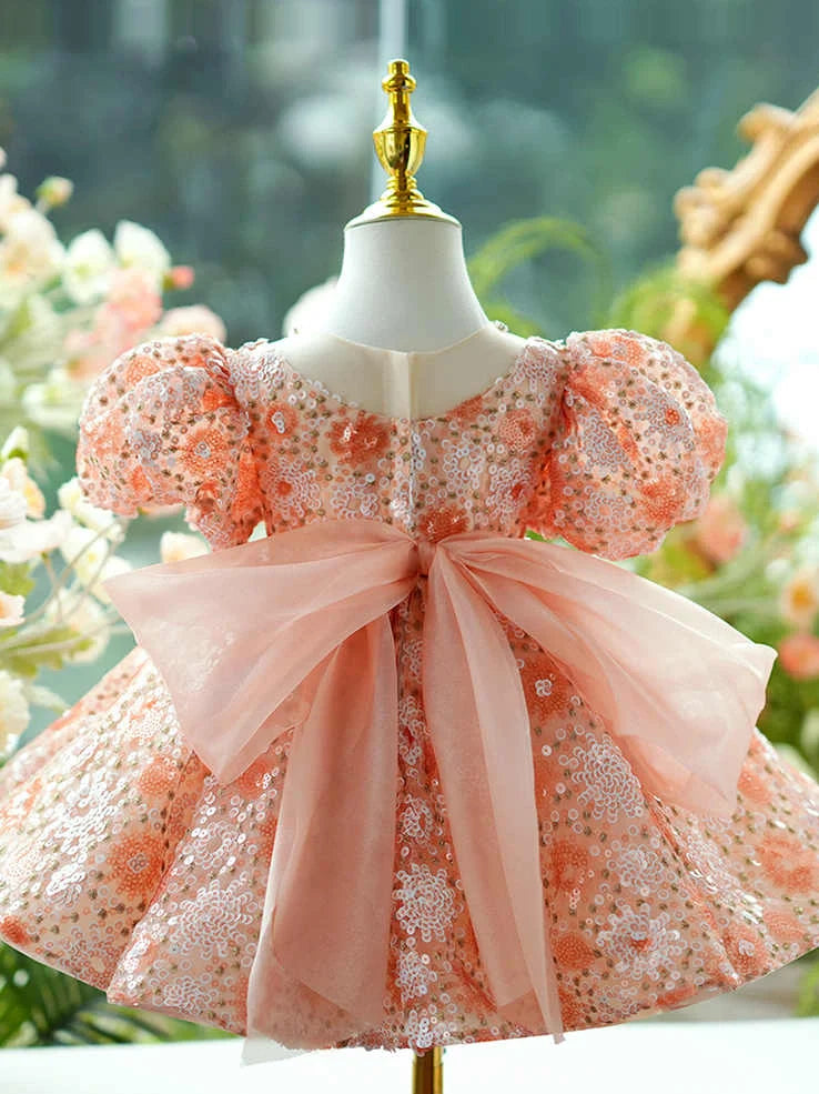 Orange children's princess dress with puffy grenadine sleeves, full-length design for dress-up play