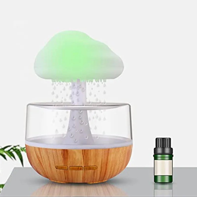 Wood grain raining cloud desk humidifier with essential oil diffuser and night light feature