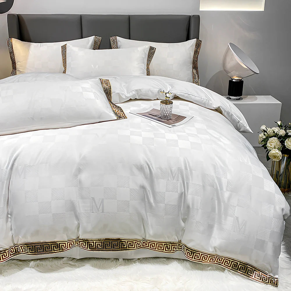 Cotton jacquard bed set with embroidery detailing and deep pocket fitted sheets in Advanced Grey colour