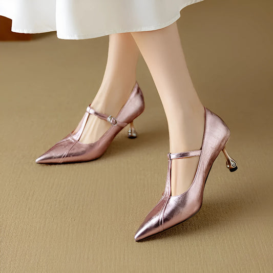 Genuine leather pointed-toe pumps with chunky 3-5cm heels in gun colour and pink options