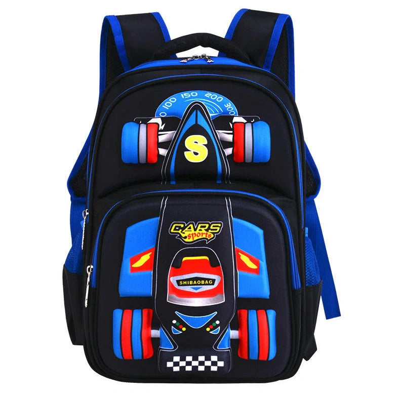 Blue three-dimensional car design trolley school bag showing 43cm height with wheels and handle