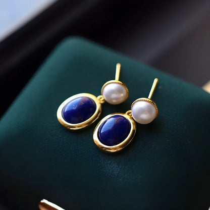 Natural lapis lazuli pearl earrings with 925 sterling silver and etched auspicious patterns