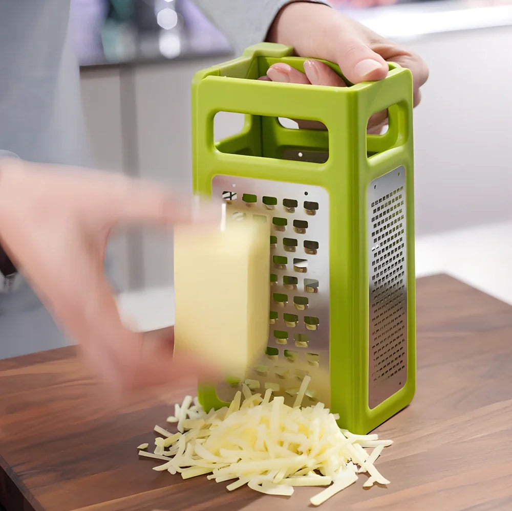Green foldable stainless steel box grater with four cutting surfaces shown open and closed