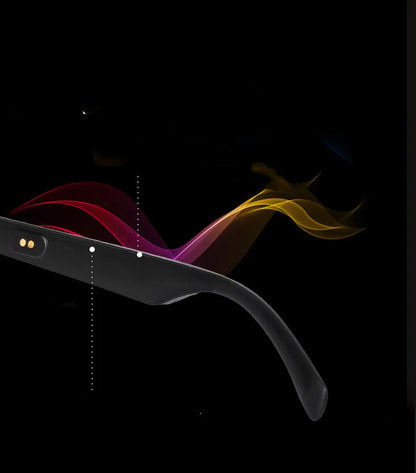 Smart glasses with semi-open Bluetooth audio, anti-blue light lenses, and IPX7 waterproof rating on a person
