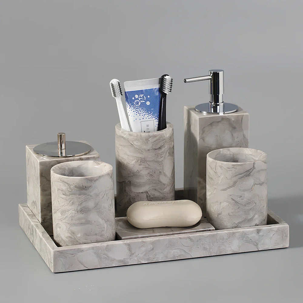 Bawang flower marble bathroom set with tissue box, 30x20cm tray, and lotion bottle in white veined stone