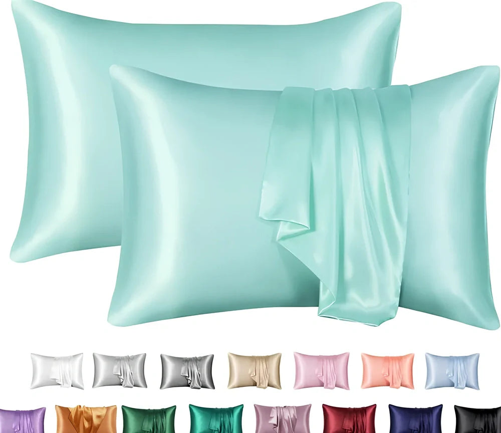 Silk-effect satin envelope pillowcase in navy blue showing envelope closure and smooth fabric texture