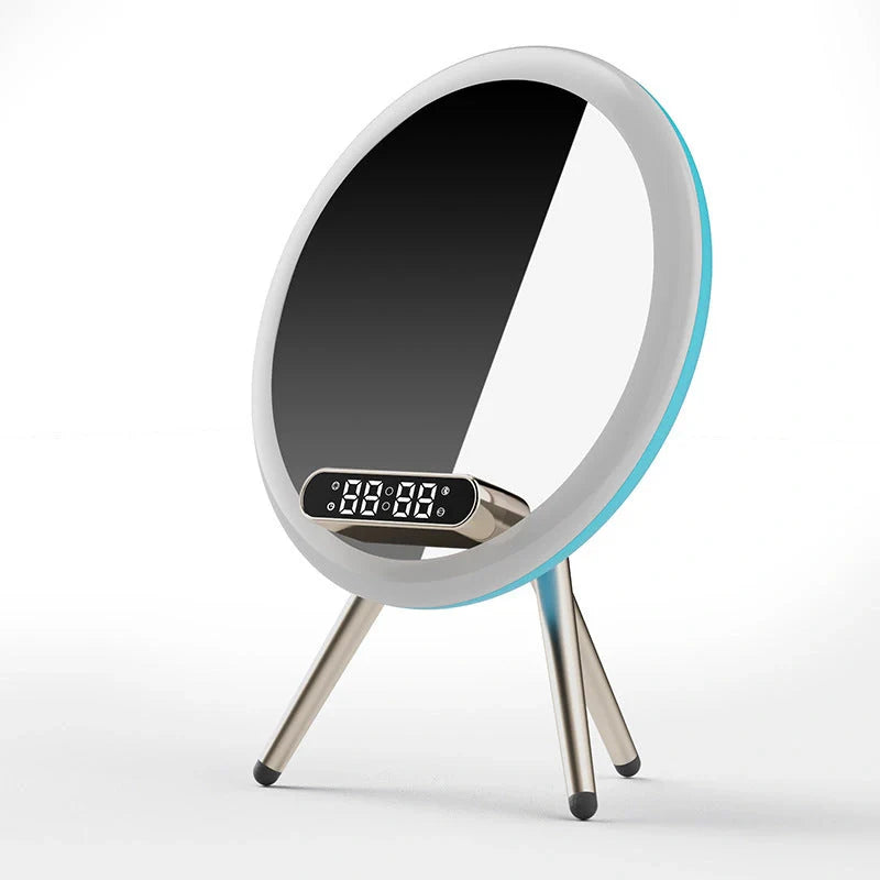 Multi-function LED mirror alarm clock with wireless charging and Bluetooth speaker in blue and white