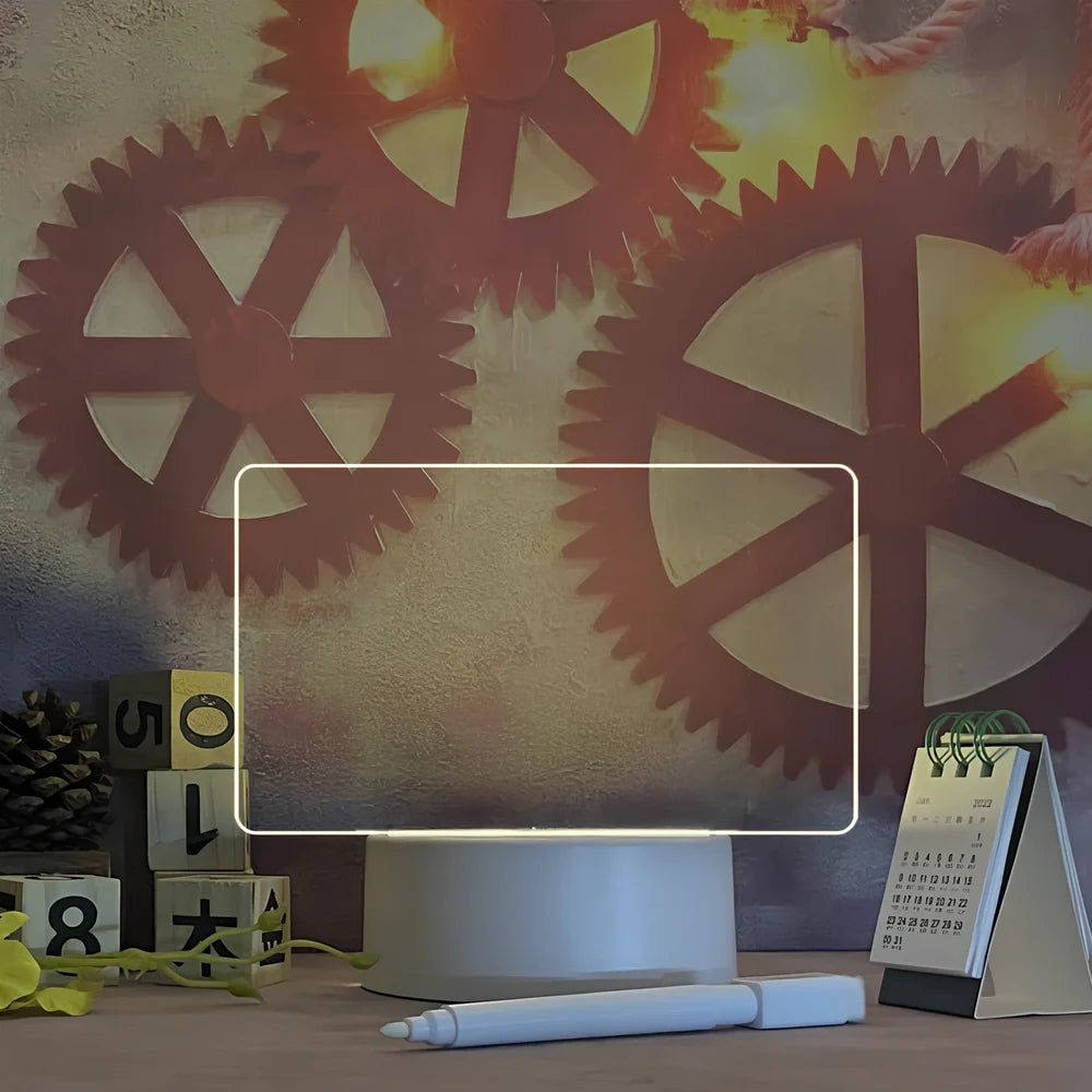 Transparent luminous acrylic note board measuring 100mm x 160mm with erasable surface and included pen