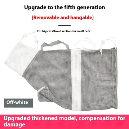 Upgraded fifth-generation cat grooming bag in pink and white colours on a table.