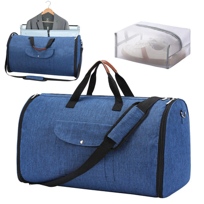 Dark blue folding duffel bag with carrying handles, shown open to display main compartment.