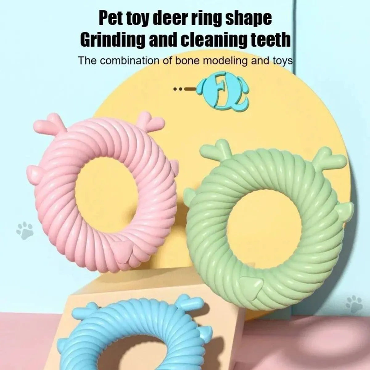Deer-shaped dog chew toy in blue with spiral groove teeth-cleaning design