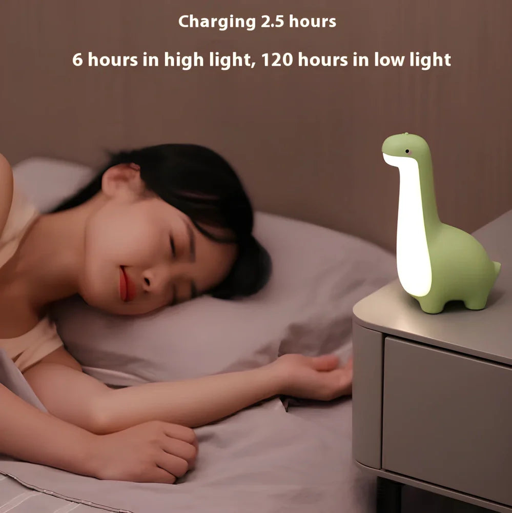 Dinosaur-shaped children's night light in lemon yellow with USB charging cable and 3000K warm white illumination