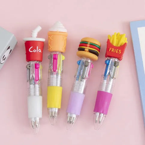 Cartoon-themed four-colour press ballpoint pen with 0.7mm tip showing random design selection