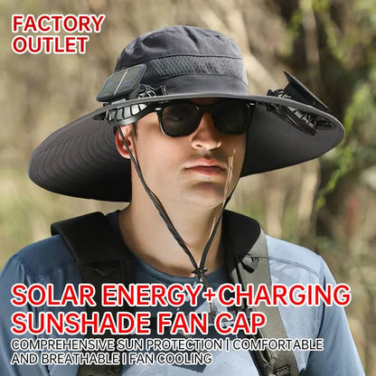 Man wearing a solar-powered fisherman hat with built-in fan for outdoor fishing or hiking