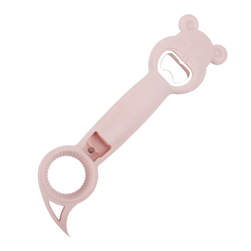 Bear-shaped 4-in-1 stainless steel bottle opener in gray blue, 21 cm long for jars cans and beers