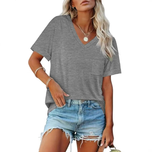 Grey loose V-neck short sleeve t-shirt with chest pocket, showing 40cm length and regular sleeves for casual wear