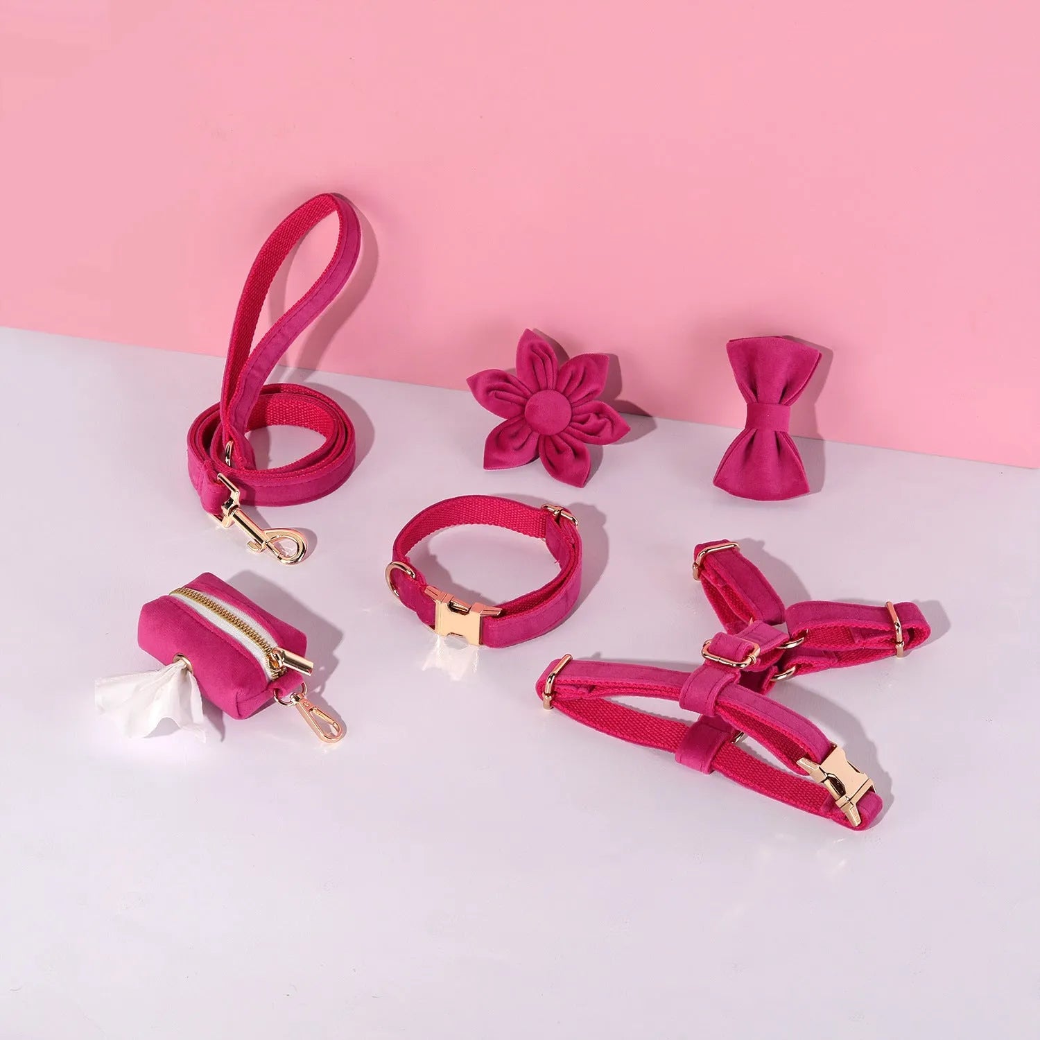 Classic velvet pet collar traction rope set with bow tie decoration and adjustable chest strap
