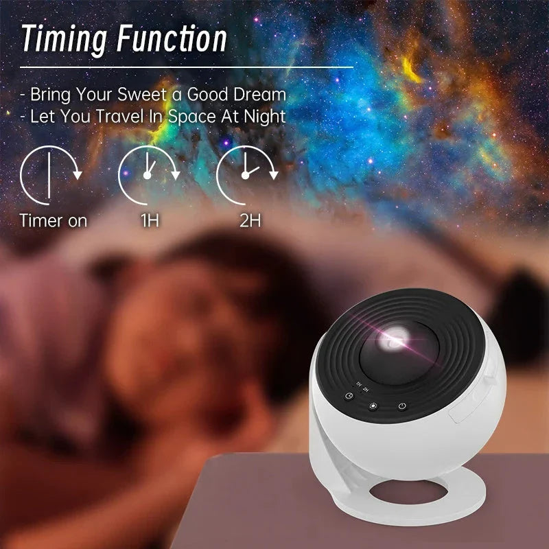 Starry sky projection from a compact, adjustable galaxy projector lamp for creating a soothing, ambient lighting experience in any room.