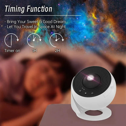 Starry sky projection from a compact, adjustable galaxy projector lamp for creating a soothing, ambient lighting experience in any room.
