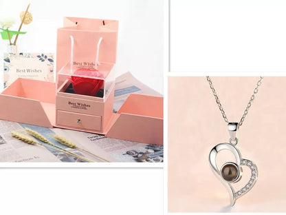 Valentine's Day metal rose jewelry gift box necklace with adjustable crystal design