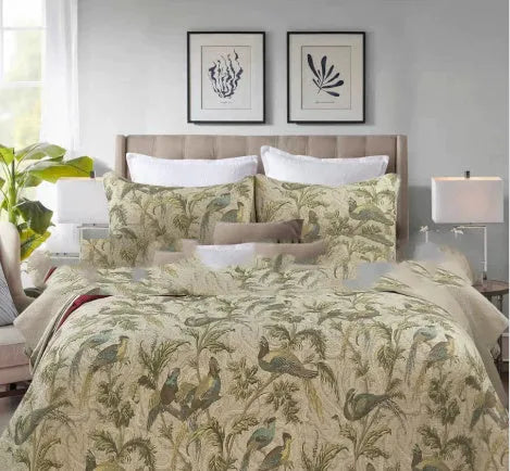 Blue American floral pattern cotton bedspread measuring 230x250cm with reactive printed bird and flower design