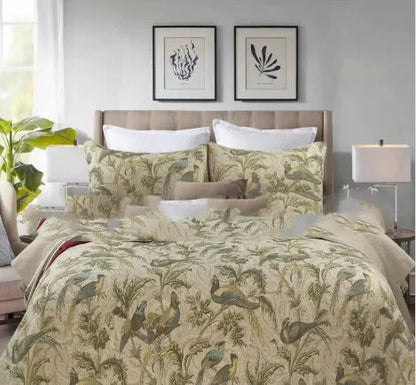 Blue American floral pattern cotton bedspread measuring 230x250cm with reactive printed bird and flower design