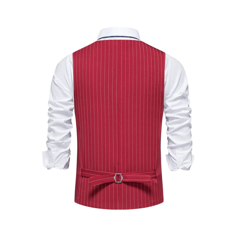Men's Striped Suit Vest formal business wear fashion waistcoat with non-ironing polyester construction four season use available in red black and khaki stripe colours with miter bottom hem S to XXL sizes