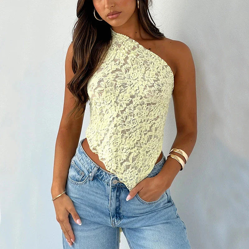 A stylish backless lace top in various colors with an asymmetrical sloped neckline and waistless design, perfect for summer streetwear fashion.