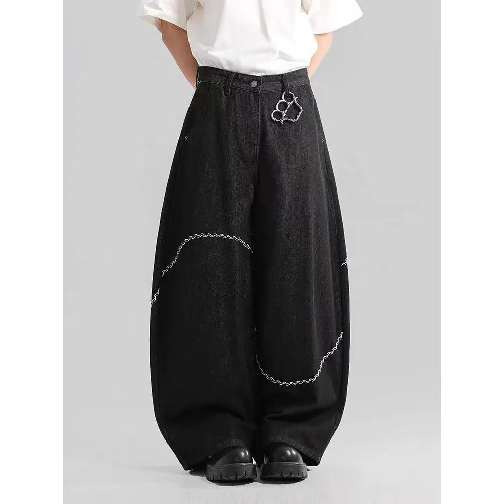 Black straight-leg polyester denim trousers with micro-elastic stretch and zip fly placket
