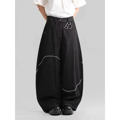 Black straight-leg polyester denim trousers with micro-elastic stretch and zip fly placket