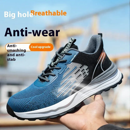 Blue men's safety work shoe with plastic toe cap, mesh upper, and lace-up closure.