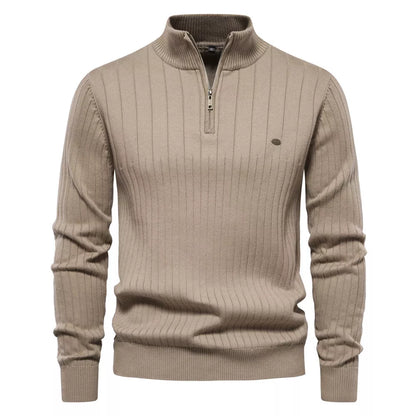 Men's stand collar half-zipper knit sweater in slim fit, available in multiple colors