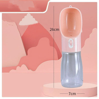 Portable pet water bottle and feeding bowl made of durable, BPA-free plastic with a leak-proof design and large opening for easy drinking and refilling