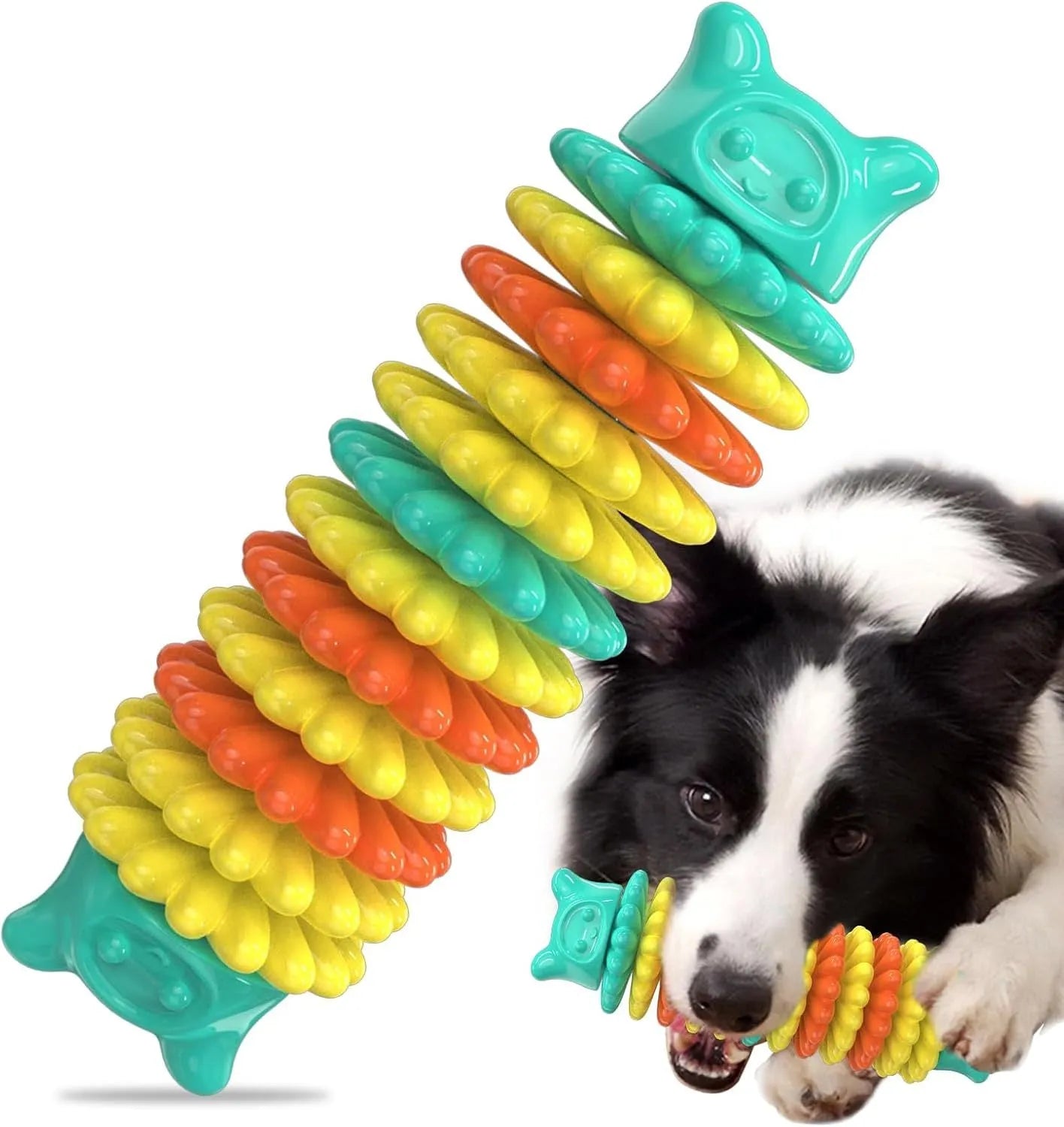 Blue natural rubber caterpillar-shaped dog chew toy measuring 17cm long