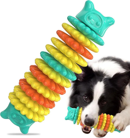 Blue natural rubber caterpillar-shaped dog chew toy measuring 17cm long