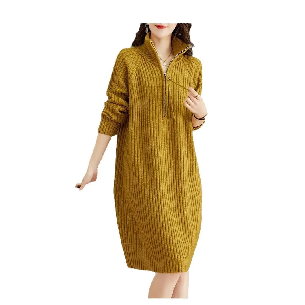 Women's beige casual long sleeve dress with half zip front and stand collar, loose straight fit.