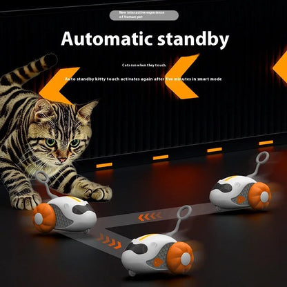 Remote control cat toy with feather teaser on moving car, shown in blue and orange colour options