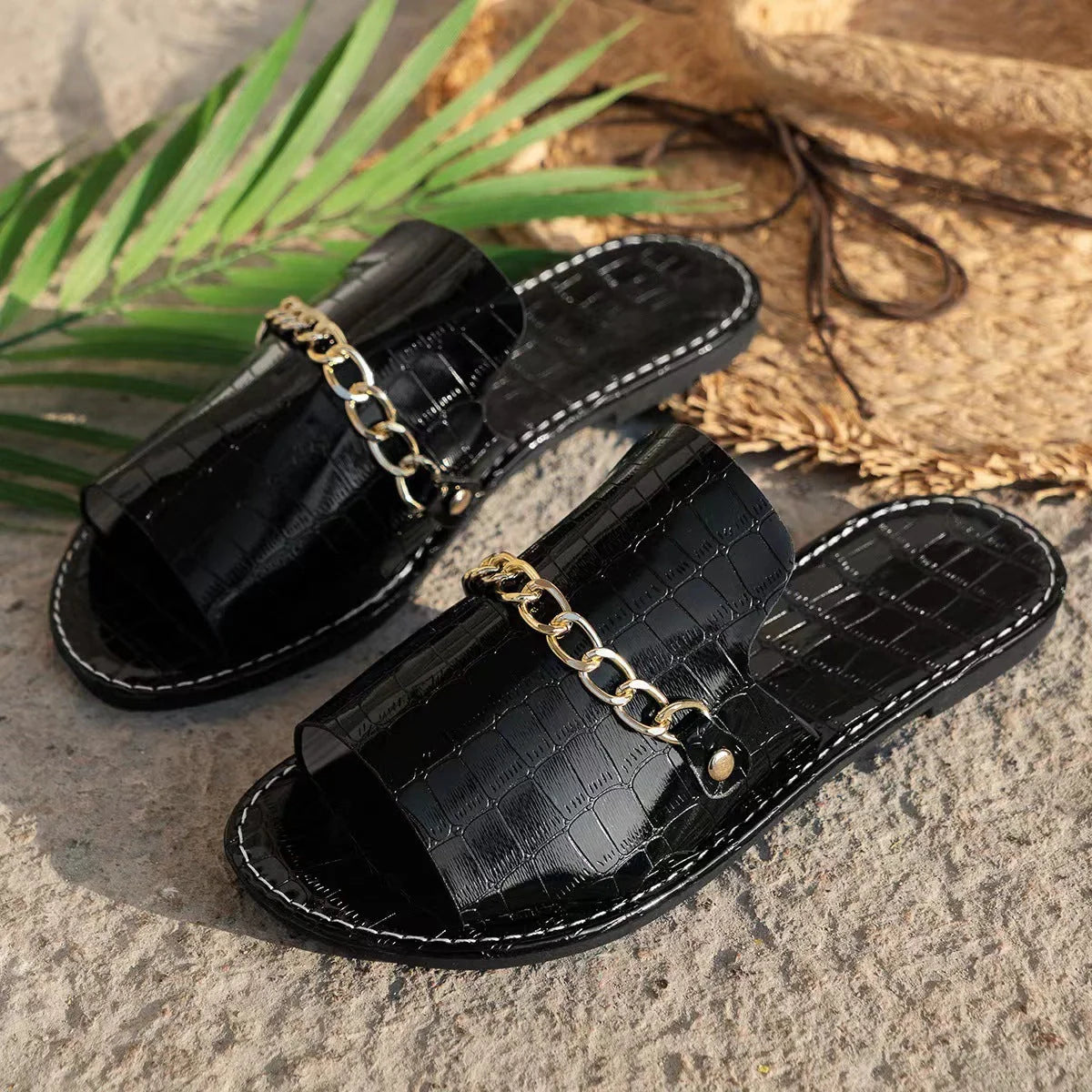 Women's Summer Fish Mouth Flat Slides with Pattern Chains in gold and black
