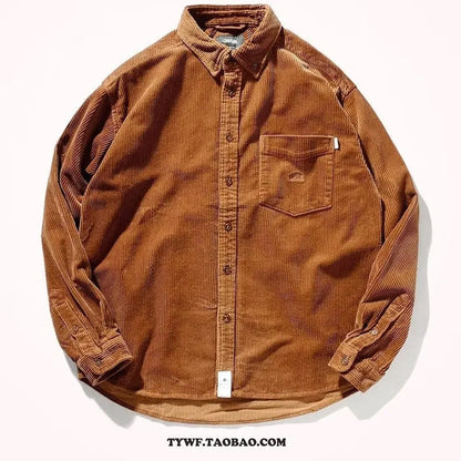 Long sleeve corduroy shirt in caramel colour with loose fit and cardigan style, suitable for casual wear.