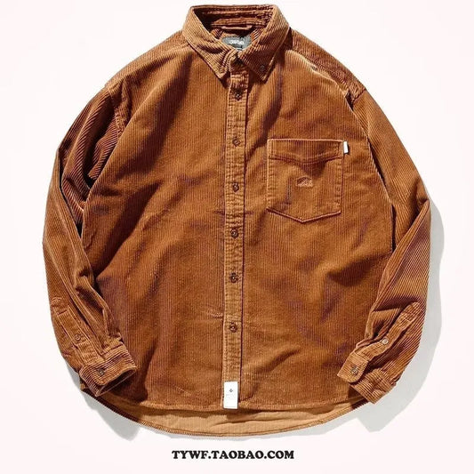 Long sleeve corduroy shirt in caramel colour with loose fit and cardigan style, suitable for casual wear.