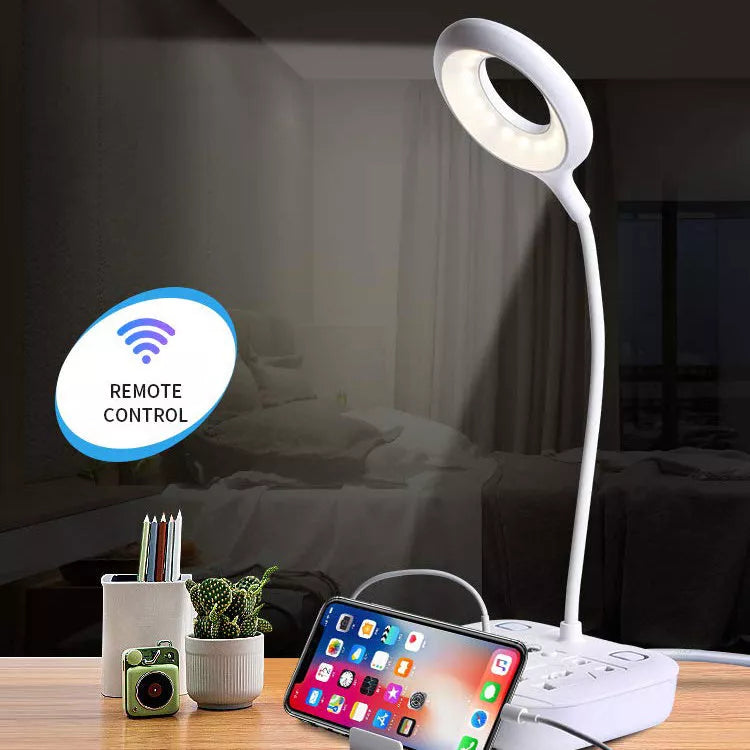 Adjustable USB LED desk lamp with remote control and flexible gooseneck for eye-protecting lighting