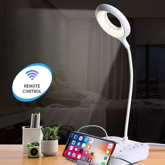 Adjustable USB LED desk lamp with remote control and flexible gooseneck for eye-protecting lighting