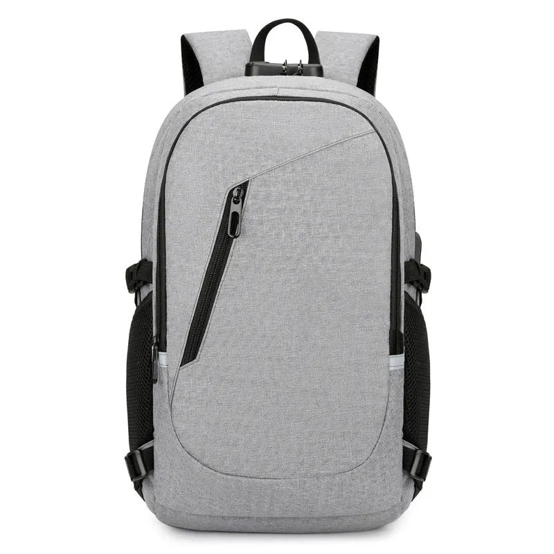 Men's grey computer backpack with 20-35L capacity showing Oxford cloth construction and organisational compartments
