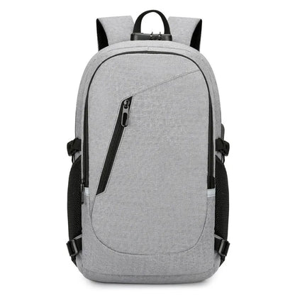 Men's grey computer backpack with 20-35L capacity showing Oxford cloth construction and organisational compartments