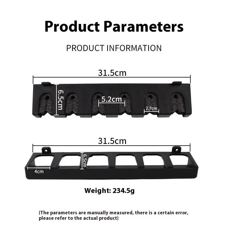 Black ABS wall-mounted fishing rod storage rack holding multiple rods horizontally on a shed wall.