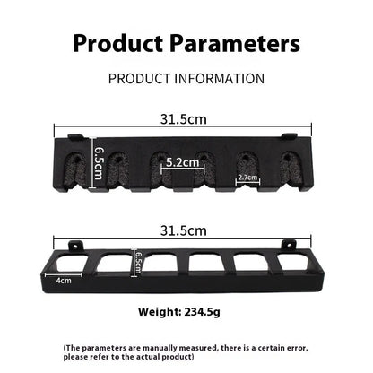 Black ABS wall-mounted fishing rod storage rack holding multiple rods horizontally on a shed wall.